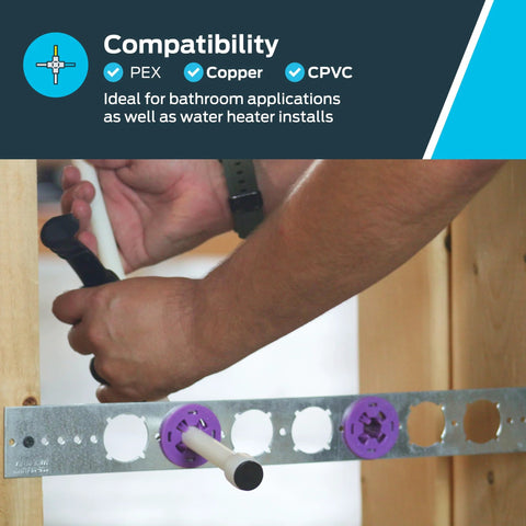 HoldRite PEXRite stub-out clamp for 1/2 in CTS pipe, purple clamp on metal track in bathroom plumbing.