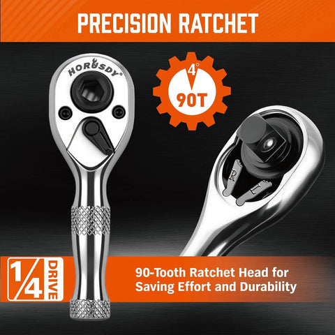 Close-up of Stubby 1/4-Inch Ratchet Wrench Set With 90-Tooth Reversible Drive displaying 4° precision swing, chrome alloy finish.