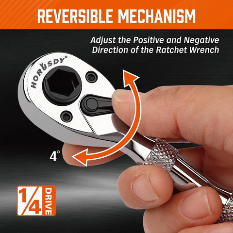 Close-up of Stubby 1/4-Inch Ratchet Wrench Set With 90-Tooth Reversible Drive, showing reversible mechanism and 4° swing.