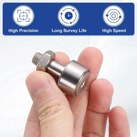 Close-up of Stud Type Cam Follower CFS2.5V KR5 in SUS304 stainless steel, shown in hand for scale, with precision icons above.