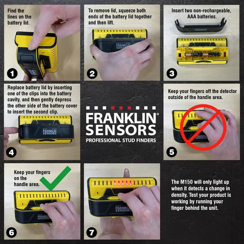 Instructional guide for using the nine-sensor stud finder and wall scanner with live wire detection, showing battery installation.