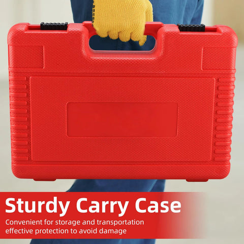 Red hard plastic carry case for automotive cylinder leak-down tester kit, with handle and black latches.