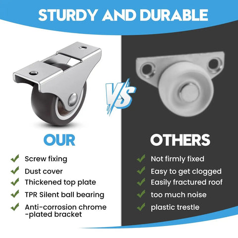 Comparison of fixed caster wheels sets with TPR material, low profile, 2-inch rubber casters in silver finish, showing features.