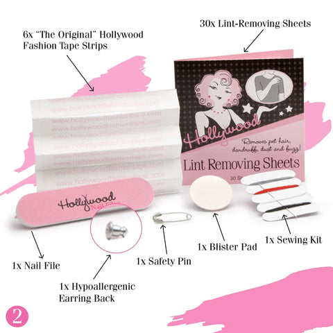 Style Emergency Kit On The Go Wardrobe Savior 14 Piece Set with fashion tape, lint sheets, nail file, blister pad, and safety pin.