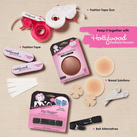Style Emergency Kit On The Go Wardrobe Savior 14 Piece Set with fashion tape, deodorant remover sponge, and more displayed on a table.