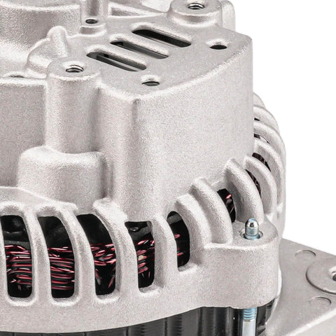 Close-up of high quality automotive alternator, showcasing metal casing and coil details for 110 Amp 12V Alternator For Subaru Outback Legacy 2005 To 2009 2.5L With CW Rotation And 5 Groove Pulley New OE Standard Replacement 11024N 11024 Direct Fit Plug And Play High Quality Automotive Electrical Part