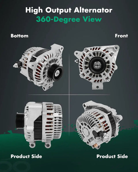 Automotive Alternator 12V 110Amp For Subaru Impreza 2.0L 2012 2013 2014 And XV Crosstrek 2.0L 2013 2014 With Clockwise Rotation 6 Groove Pulley Plug And Play OEM Grade High Performance Replacement Durable Easy Install, showcasing front, bottom, and side views