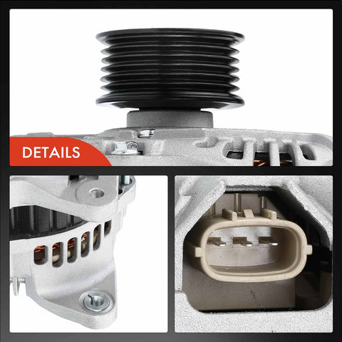 Close-up views of 130 Amp 12V Heavy Duty Street-Ready Alternator For Subaru Legacy Outback Tribeca 2010 2014 With 6-Groove Pulley Clockwise Spin Direct Fit Replacement 3.6L H6 23700AA620 23700AA830 showing details of pulley and connector.