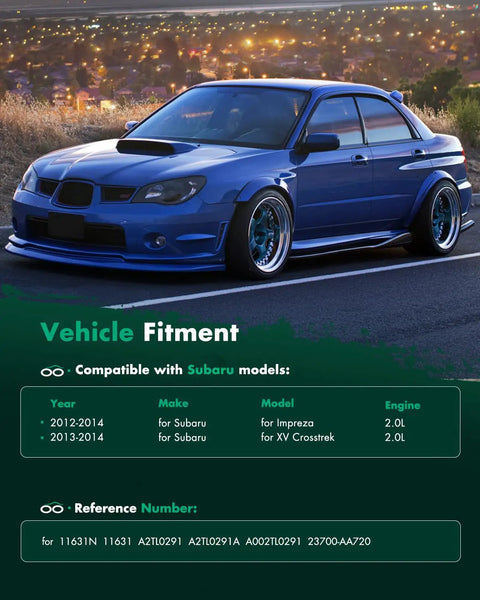 Blue Subaru Impreza showcasing Automotive Alternator 12V 110Amp For Subaru Impreza 2.0L 2012 2013 2014 and XV Crosstrek compatibility chart