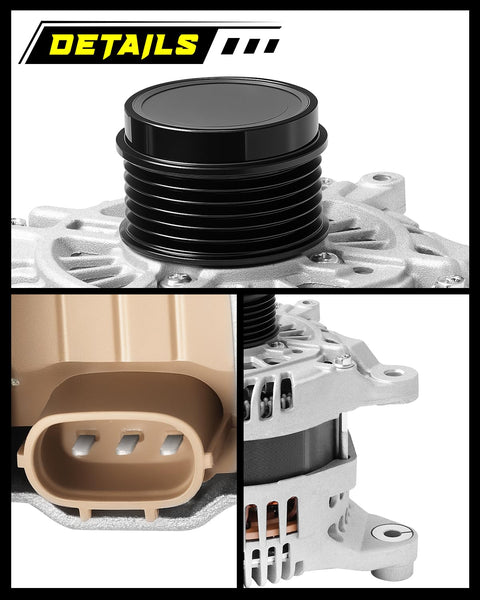 Close-up of 130A Beefed Up Alternator For Subaru Forester 2014-2018, showing 6-groove clutch pulley, electrical connection, and mounting details.