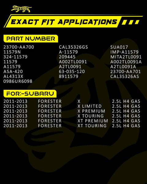 Exact fit applications for alternator part numbers for 2011-2013 Subaru Forester models with 2.5L H4 gas engine.