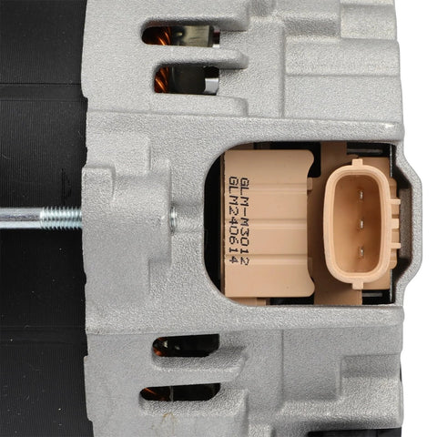 Beefed Up High Output 130 Amp 12V Alternator For Subaru Forester close-up of connector with internal regulator and fan