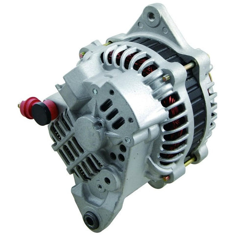 Alternator Replacement For Subaru Impreza And Forester H4 Engines 1997 1998 High Quality Durable Auto Electrical Part That Guards Against Overcharging, Shorts, And Electrical Faults With Smooth Performance And Easy Plug And Play Fit, front view of silver alternator with pulley and fan visible.