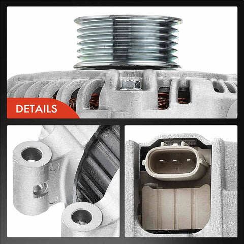 Close-up details of Alternator For Subaru Impreza 2012 2014 And XV Crosstrek 2013 2014 12V 110Amp Clockwise 6-Groove Pulley Replacement A002TL0291 Fits H4 2.0L Engine 23700-AA720 Plug And Play Durable Easy Install showing plug connection and pulley design.
