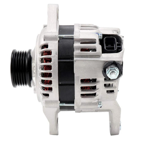 Side view of 85 Amp High Output Alternator Replacement For 1995 1999 Subaru Legacy with overdrive pulley and CNC machined castings.