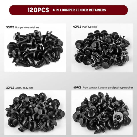 Subaru Compatible 121Pcs Push Rivet Clips Set Pro Grade In 7mm 8mm 9mm 10mm Sizes for bumper, fender, engine cover, grille retainers 909140007 909140065 909140051 with Removal Tool Xislet displayed by type and count