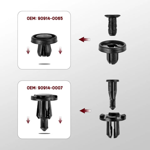 Subaru Compatible 121Pcs Push Rivet Clips Set Pro Grade In 7mm 8mm 9mm 10mm Sizes For Bumper Fender Engine Cover And Grille Retainers Replacement 909140007 909140065 With Removal Tool Xislet showing OEM 90914-0007 and 90914-0065 clips.