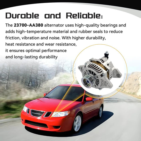 Red car on road with highlighted 23700-AA380 alternator for increased durability and performance