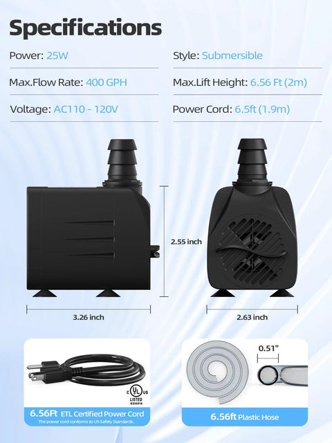 400GPH Submersible Water Pump with 6.56 ft hose, 6.5 ft power cord, and 3 nozzles for pond or aquarium use