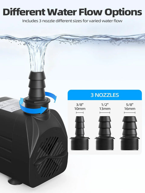 400GPH Submersible Water Pump in black plastic with three nozzle adapters 3/8in, 1/2in, 5/8in for ponds or aquariums