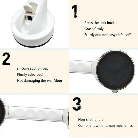 Diagrams showing features of the White Strong Suction Cup Handle No Drilling Installation for glass doors with lock buckle and silicone suction cup.