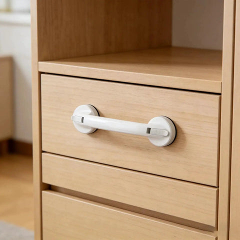 White Strong Suction Cup Handle No Drilling Installation for cabinets, shown on wood cabinet.