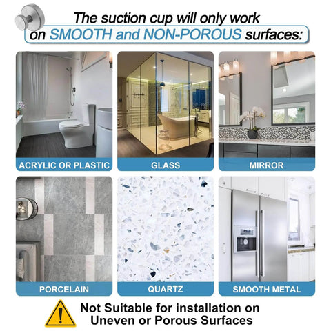 Suction Cup Hooks for Glass and Tile No Drill Shower Hooks Silver 2 Pack suitable surfaces chart