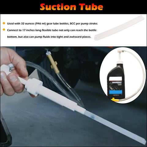 Lower Unit Gear Lube Fill Pump Set with Metric Adapter for Used with 32 oz Quart Bottles, showing suction tube in use.