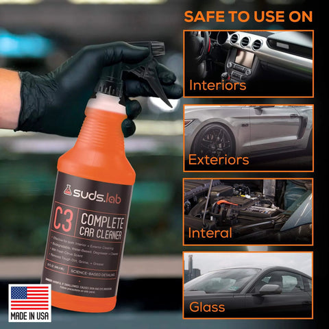 Suds Lab C3 Complete Car Cleaner, Multipurpose Car Wash Solution for Interior and Exterior Cleaning, Spray for Automotive Detailing, 32 oz bottle in hand