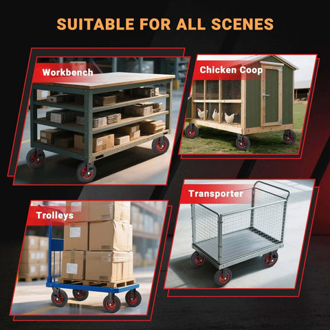 8 inch Heavy Duty Rubber Caster wheels set of 4 on workbench, chicken coop, trolleys, and transporter for diverse use.