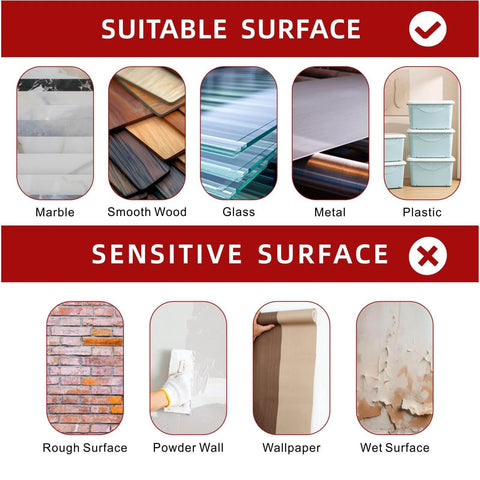 Surfaces suitable and not suitable for Heavy Duty Double Sided Foam Tape 2 Inch By 15.4 Foot Model 5952 Mounting Tape.