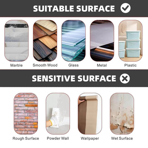 Image showing suitable surfaces like marble, wood, glass, metal, plastic; and sensitive surfaces like rough walls, wallpaper, wet surfaces.