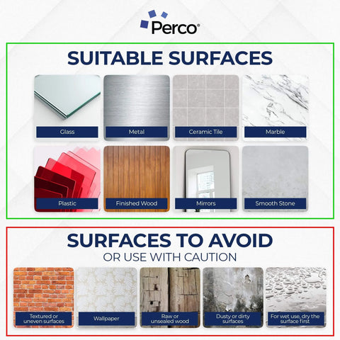 Chart showing suitable surfaces for Nano Double Sided Tape Squares Clear Mounting Tape Kit 15 Pre Cut 3x3 Inches Heavy Duty Adhesive.