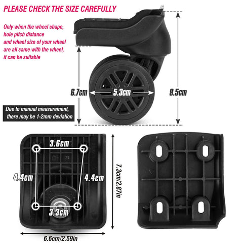 Suitcase Wheels Swivel Casters Luggage Replacement Model W044-B close-up of dual wheels and screw holes for DIY suitcase repair.