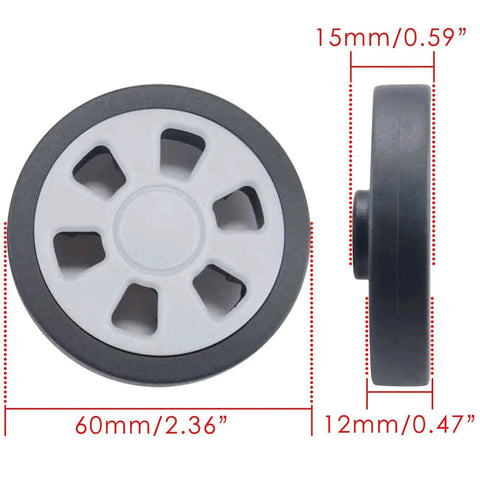 Suitcase Wheels Replacement 360 Spinner Kit 60mm Diameter by 12mm Width showing front and side view.