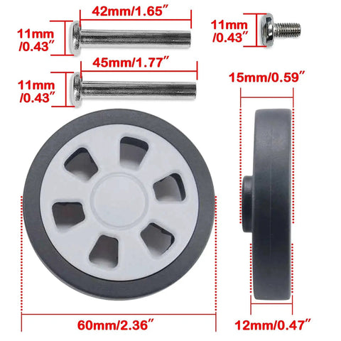 Suitcase Wheels Replacement 360 Spinner Kit 60mm Diameter by 12mm Width showing wheel and axles dimensions