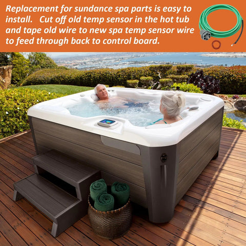 ArrogantF 6600-166 temperature sensor kit for Sundance Spas; green cable and O-ring near white hot tub on wooden deck