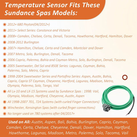 Green spa temperature sensor cable with curled finger connectors, shown beside Sundance spa model list