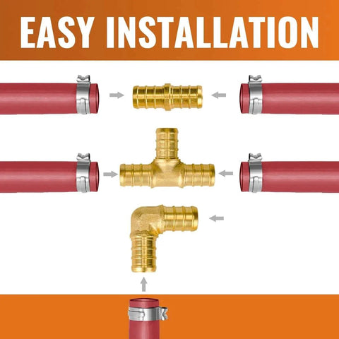 Sungator Pex Fittings 1/2 Inch 36 Piece Set Elbows Tees Couplings For Pex Pipe Lead Free Brass ASTM F1807 NSF ANSI 61 Drinking Water Certified Ideal For Residential And Light Commercial Pex Projects, showing easy installation of brass fittings with PEX pipes.