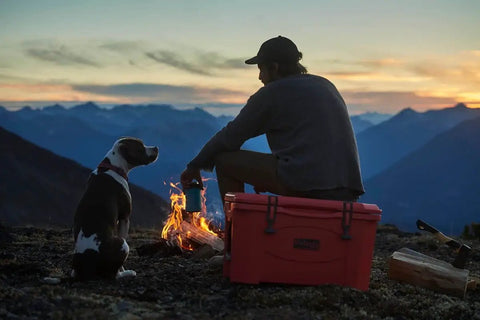 Person and dog sitting by a campfire with a coral cooler in front of a mountain range during sunset.