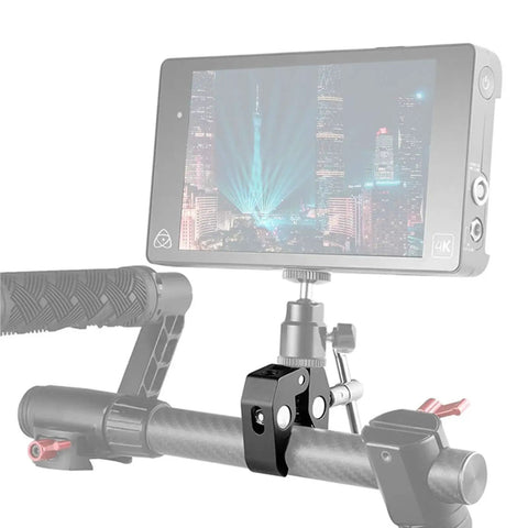Workhorse Ultimate Versatile Super Clamp Kit With Quarter Inch And Three Eighths Inch Threads holding a camera monitor on a rig.