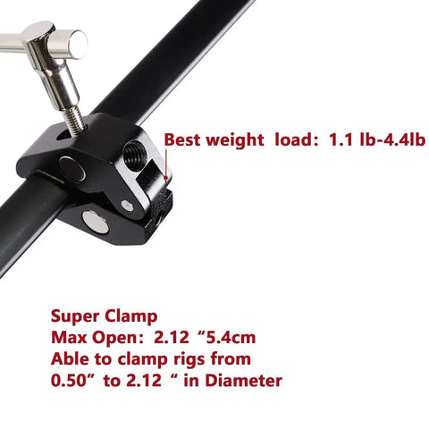 Go To Super Clamp with one quarter and three eighths inch thread for photography gear, clamped on bar showing load capacity and size range.