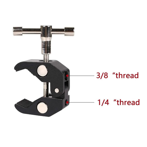 Go To Super Clamp with one quarter and three eighths inch thread, black anodized aluminum, ideal for DSLRs and photo gear mounting