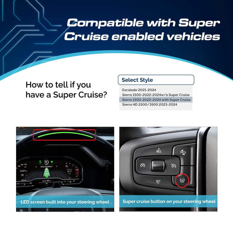 Guide showing how to identify Super Cruise in vehicles with LED steering wheel and steering controls.
