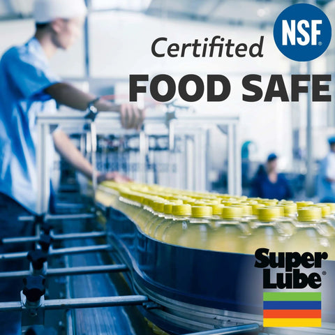Industrial setting with person near conveyor belt and food products, showing NSF certification for Super Lube Multi-Purpose Synthetic Grease.