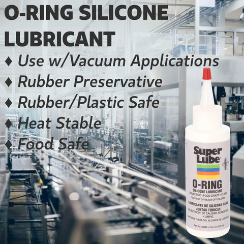 Super Lube O-Ring Silicone Lubricant - Waterproof Silicone & Rubber Seal Grease - Heat Stable Lubricant & Oxidation Protection - Food Grade H1 Grease - Clear - Bottle - 4 oz (56204) on industrial background