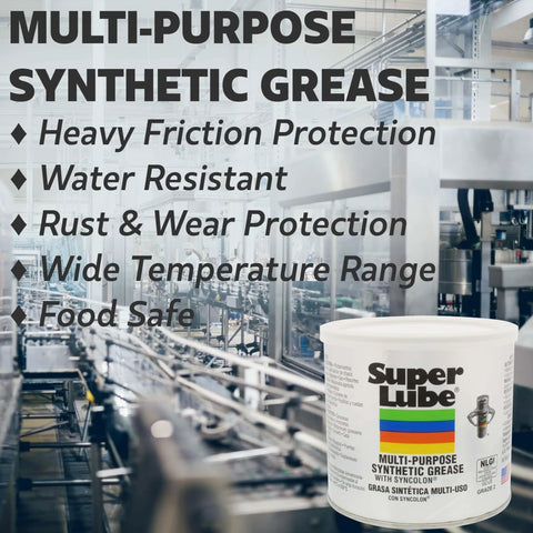 Super Lube Multi-Purpose Synthetic Grease w/ Syncolon - High Temperature, Water & Corrosion Resistant Grease - Workshop & Industrial Use - Food Grade - Translucent White container in an industrial setting.