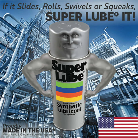 Super Lube Multi-Purpose Synthetic Grease w/ Syncolon - High Temperature, Water & Corrosion Resistant Grease - Workshop & Industrial Use - Food Grade - Translucent White - Tube - 3 oz (21030) with flexing character in industrial background.