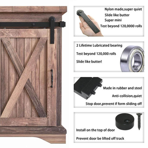 6.6FT Super Mini Sliding Barn Door Cabinet Hardware Kit details with I Shape Hanger and parts description for single door use.