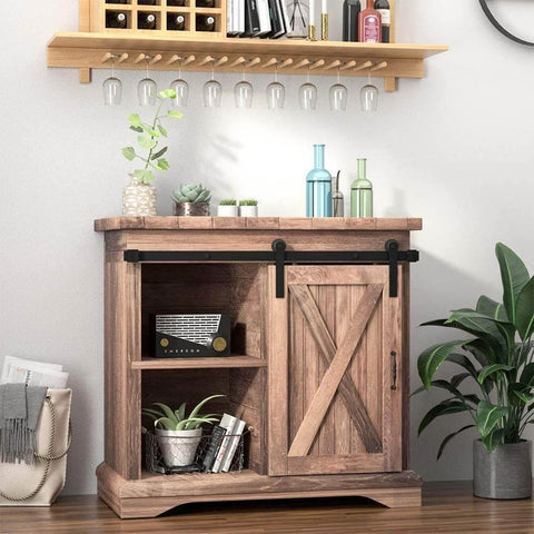 Wooden cabinet with 6.6FT Super Mini Sliding Barn Door Cabinet Hardware Kit for Single Door TV Stands, frosted black finish.